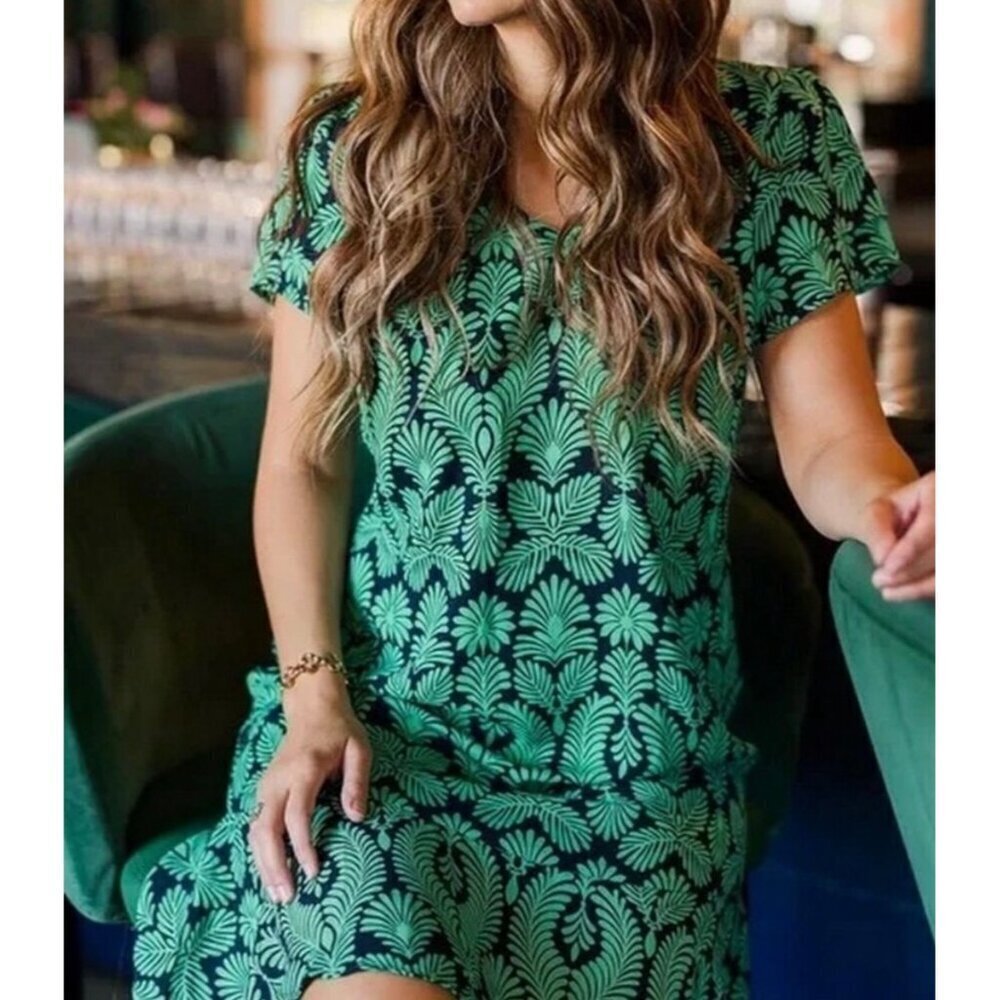 Cabi Palmette Tropical Print Mini Dress Navy/Green Size Small View 4